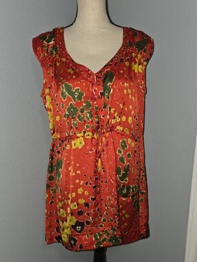CAbi Rust Orange Floral Tie-Waist Sleeveless Tunic Sz L
